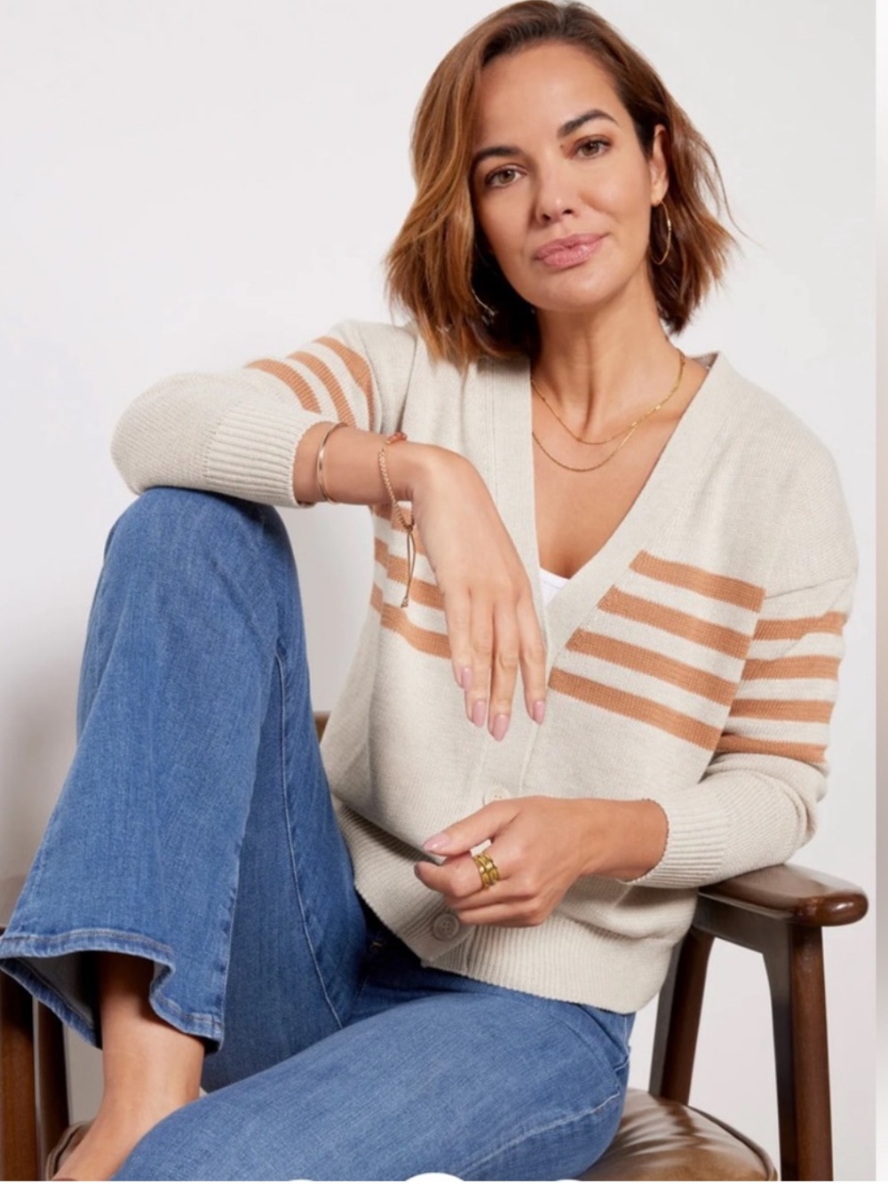 Evereve Quincy Oatmeal Striped Cream Tan Brown Knit Cotton Cardigan Sweater
